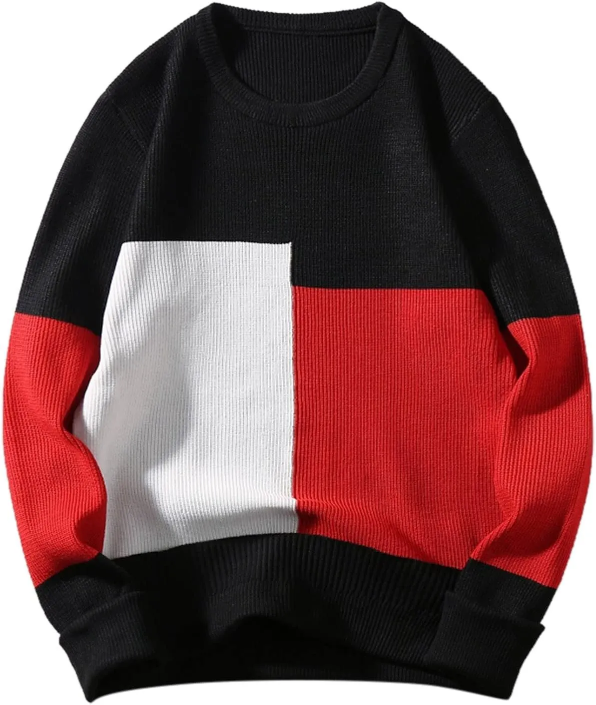 Mens Crewneck Oversized Sweaters Long Sleeve Patchwork Knit Jumper Pullover Stretchy Autumn Fashion Blouse T Shirts