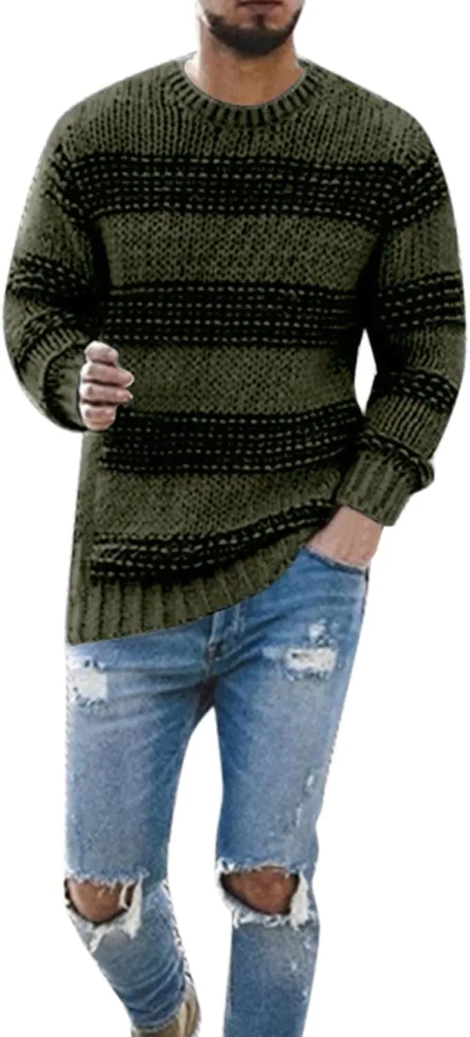 Mens Crewneck Pullover Sweater Waffle Textured Striped Print Long Sleeve Knitted Sweaters Fall Winter Sweaters