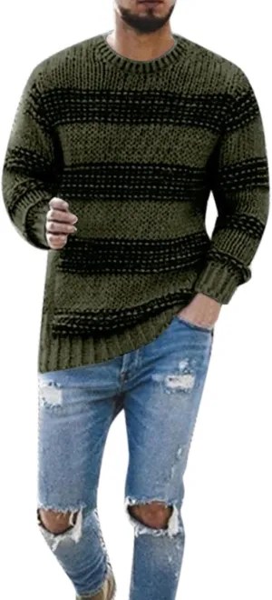 Mens Crewneck Pullover Sweater Waffle Textured Striped Print Long Sleeve Knitted Sweaters Fall Winter Sweaters