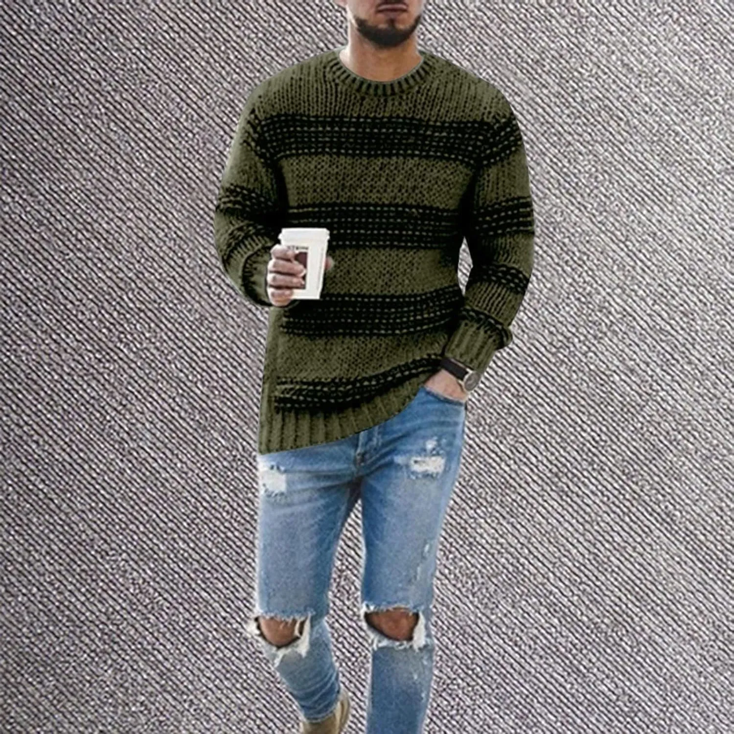 Mens Crewneck Pullover Sweater Waffle Textured Striped Print Long Sleeve Knitted Sweaters Fall Winter Sweaters