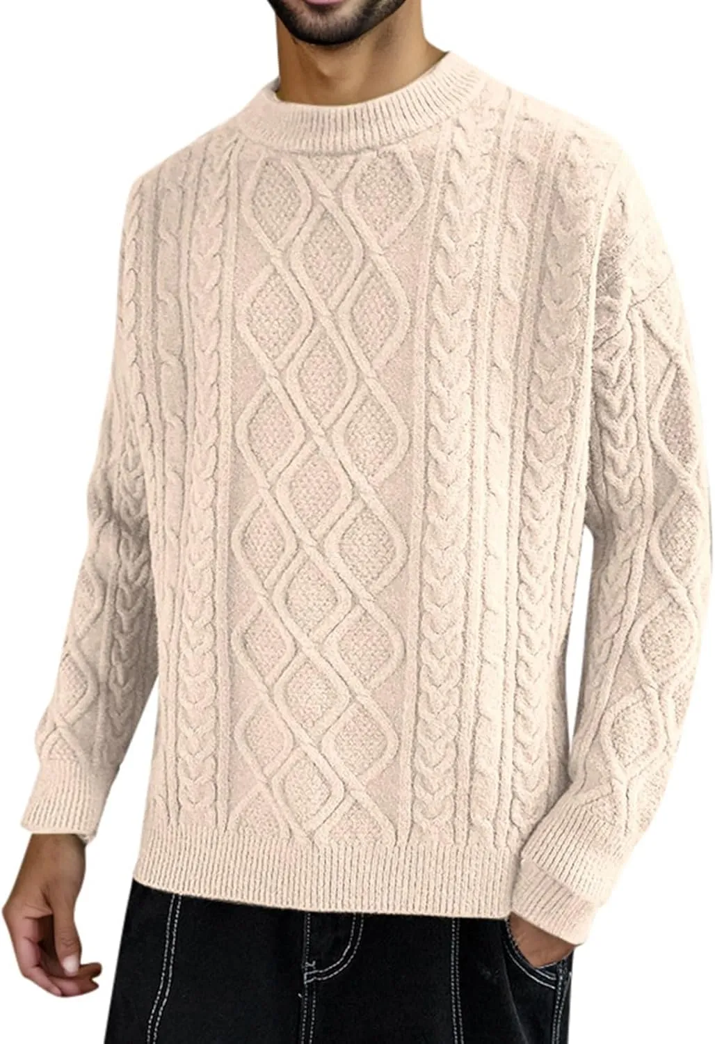 Mens Crewneck Sweater Long Sleeve Solid Color Pullover Knitted Twist Textured Tops Ribbed Knitwear Oversize Sweater