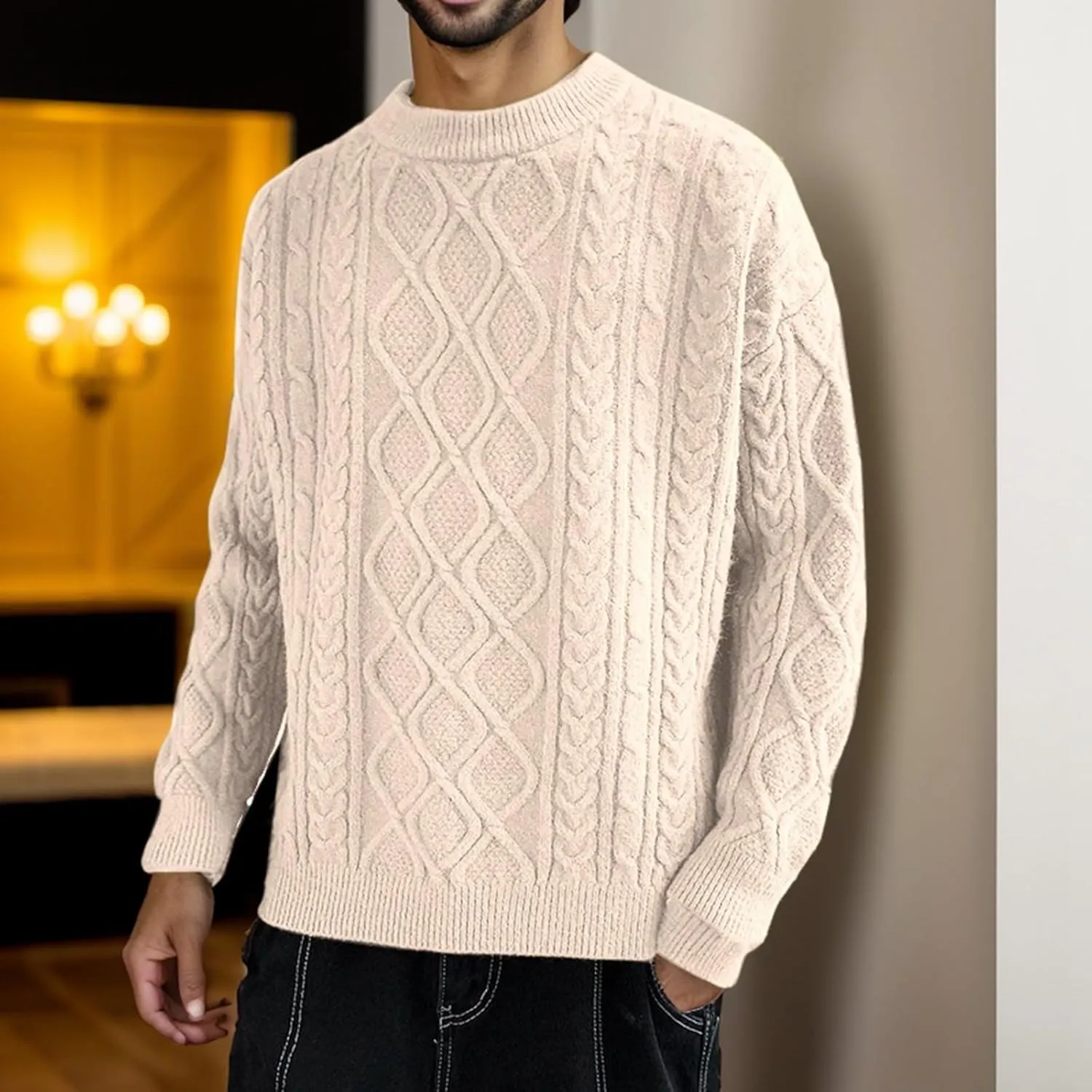Mens Crewneck Sweater Long Sleeve Solid Color Pullover Knitted Twist Textured Tops Ribbed Knitwear Oversize Sweater