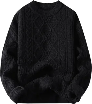 Mens Crewneck Sweater Long Sleeve Solid Color Pullover Knitted Twist Textured Tops Ribbed Knitwear Oversize Sweater