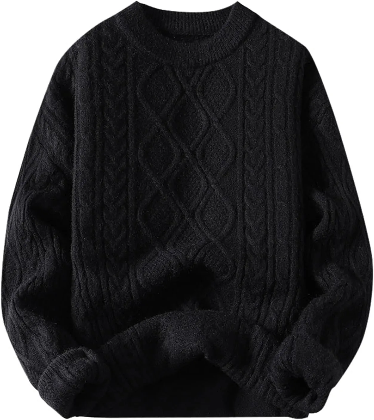 Mens Crewneck Sweater Long Sleeve Solid Color Pullover Knitted Twist Textured Tops Ribbed Knitwear Oversize Sweater