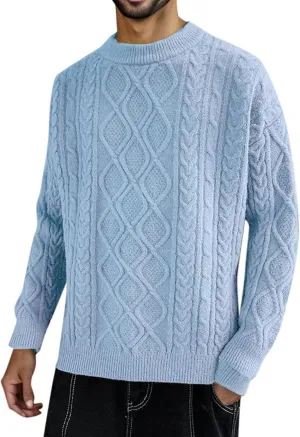 Mens Crewneck Sweater Long Sleeve Solid Color Pullover Knitted Twist Textured Tops Ribbed Knitwear Oversize Sweater