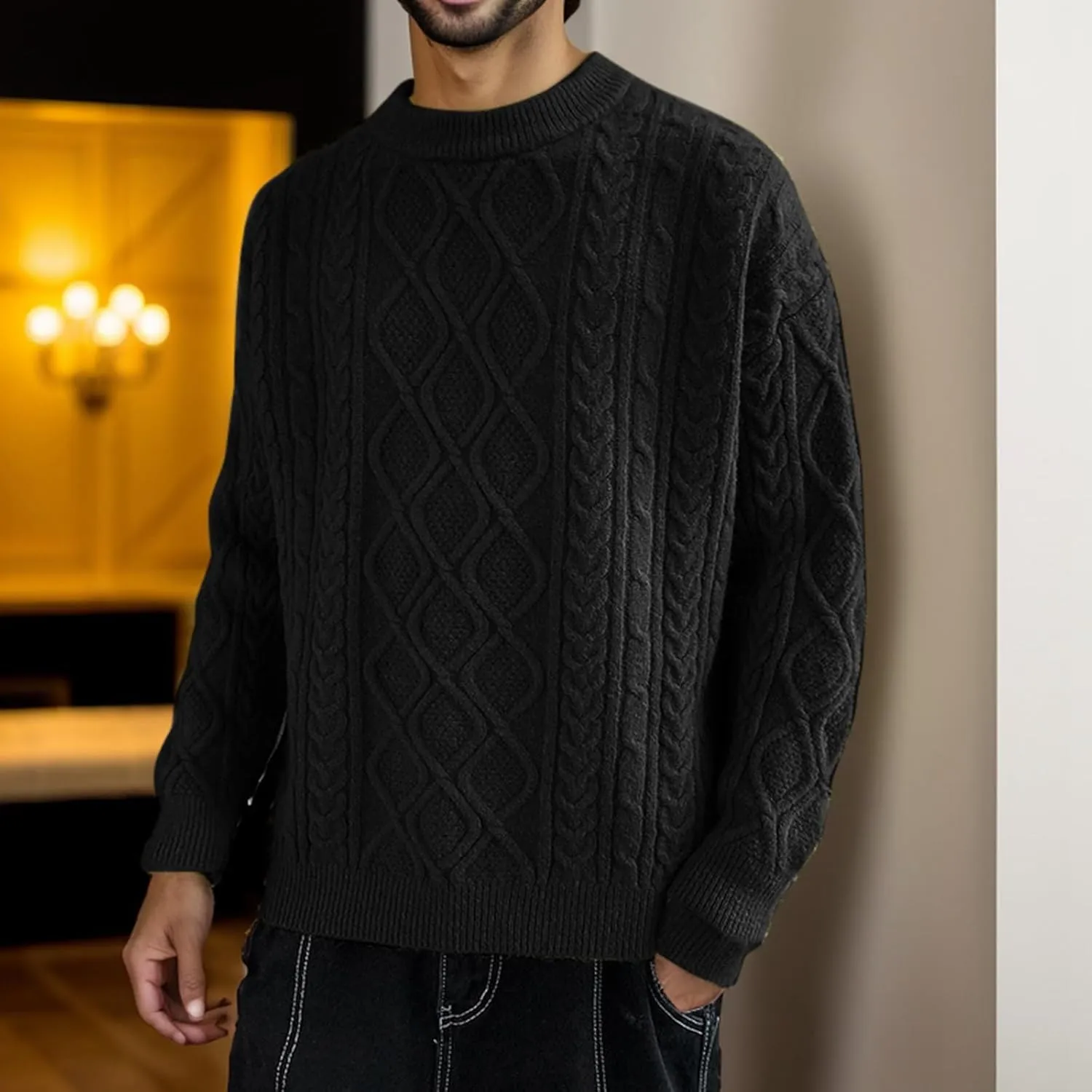 Mens Crewneck Sweater Long Sleeve Solid Color Pullover Knitted Twist Textured Tops Ribbed Knitwear Oversize Sweater