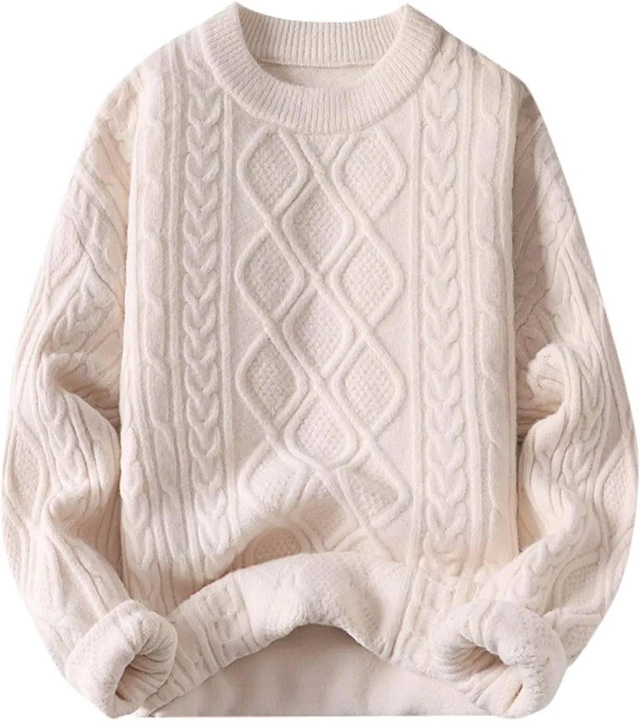 Mens Crewneck Sweater Long Sleeve Solid Color Pullover Knitted Twist Textured Tops Ribbed Knitwear Oversize Sweater