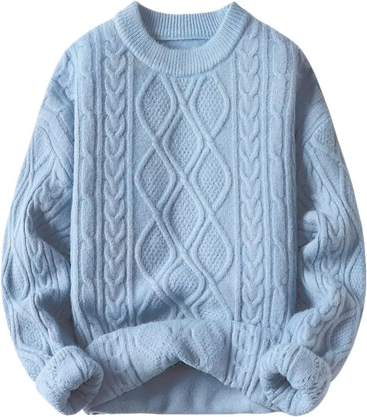 Mens Crewneck Sweater Long Sleeve Solid Color Pullover Knitted Twist Textured Tops Ribbed Knitwear Oversize Sweater