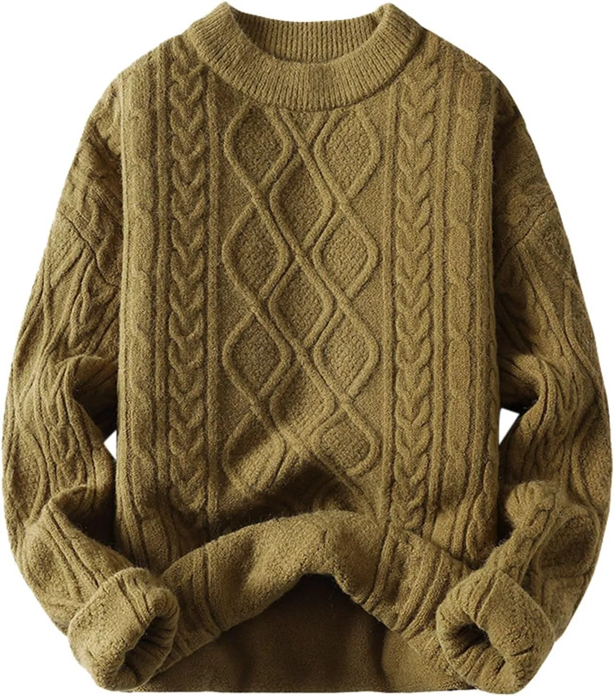 Mens Crewneck Sweater Long Sleeve Solid Color Pullover Knitted Twist Textured Tops Ribbed Knitwear Oversize Sweater