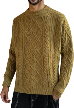 Mens Crewneck Sweater Long Sleeve Solid Color Pullover Knitted Twist Textured Tops Ribbed Knitwear Oversize Sweater