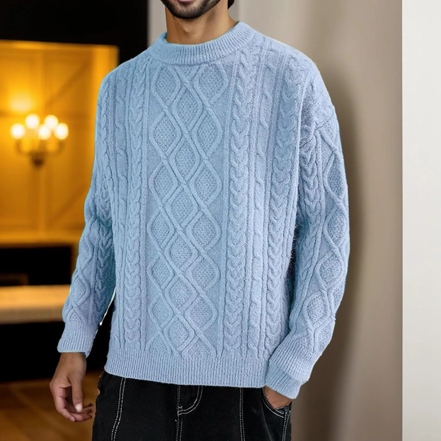Mens Crewneck Sweater Long Sleeve Solid Color Pullover Knitted Twist Textured Tops Ribbed Knitwear Oversize Sweater