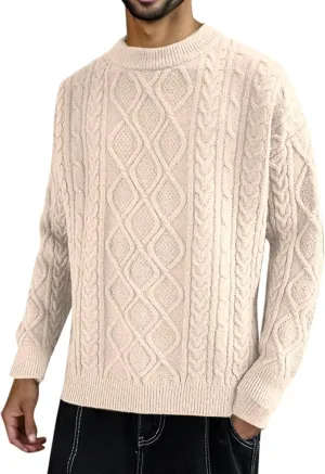 Mens Crewneck Sweater Long Sleeve Solid Color Pullover Knitted Twist Textured Tops Ribbed Knitwear Oversize Sweater