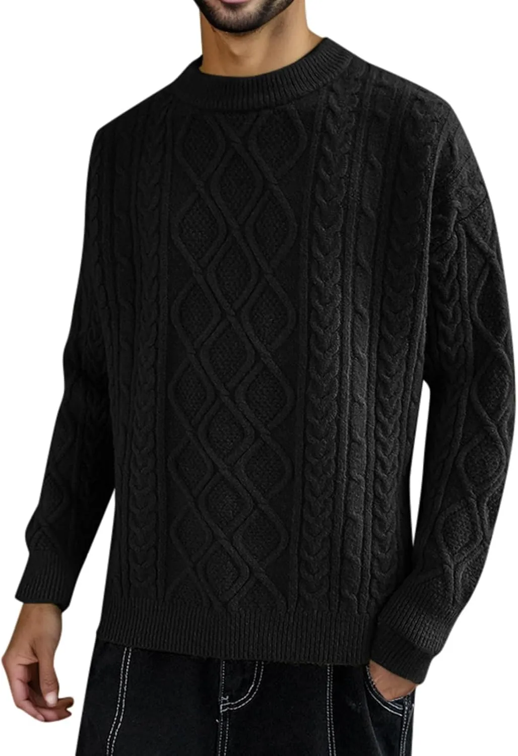 Mens Crewneck Sweater Long Sleeve Solid Color Pullover Knitted Twist Textured Tops Ribbed Knitwear Oversize Sweater