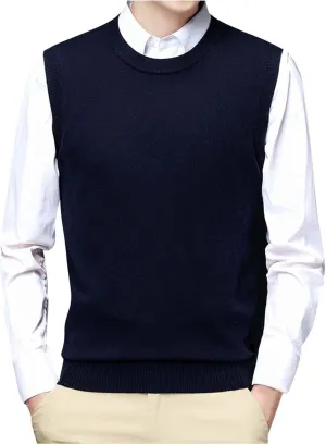 Men's Crewneck Vest Sweater Sleeveless Knitted Pullover Solid Color Texture Tops Lightweight Casual Loose Sweaters