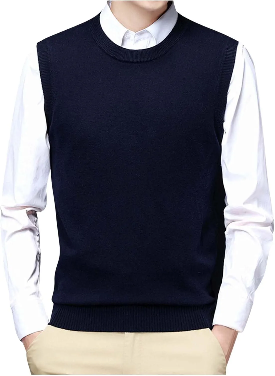 Men's Crewneck Vest Sweater Sleeveless Knitted Pullover Solid Color Texture Tops Lightweight Casual Loose Sweaters