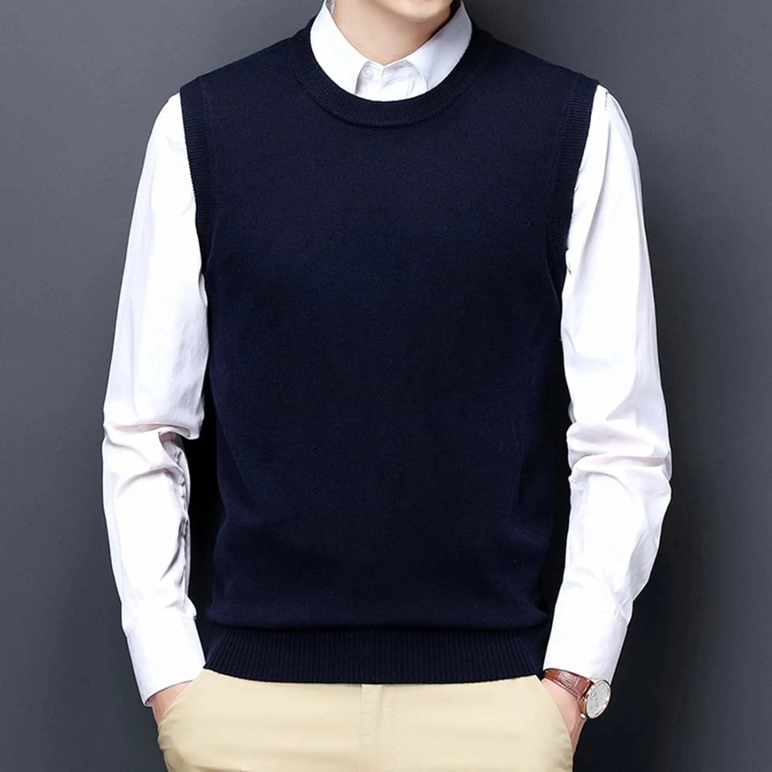 Men's Crewneck Vest Sweater Sleeveless Knitted Pullover Solid Color Texture Tops Lightweight Casual Loose Sweaters