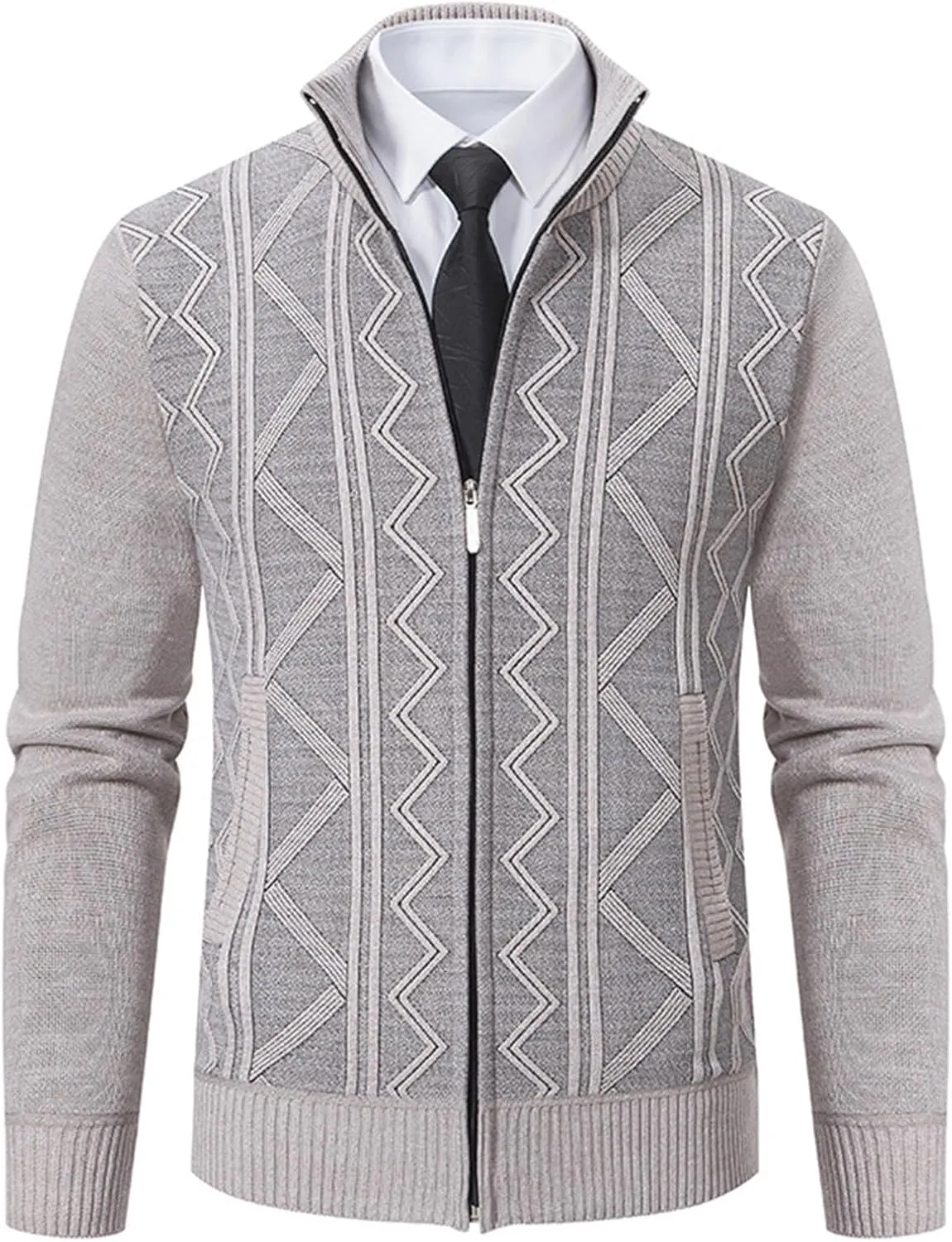 Mens Decent Full Zip Stand Collar Cardigans Business Casual Button Down Cable Knitted Sweater Blazers