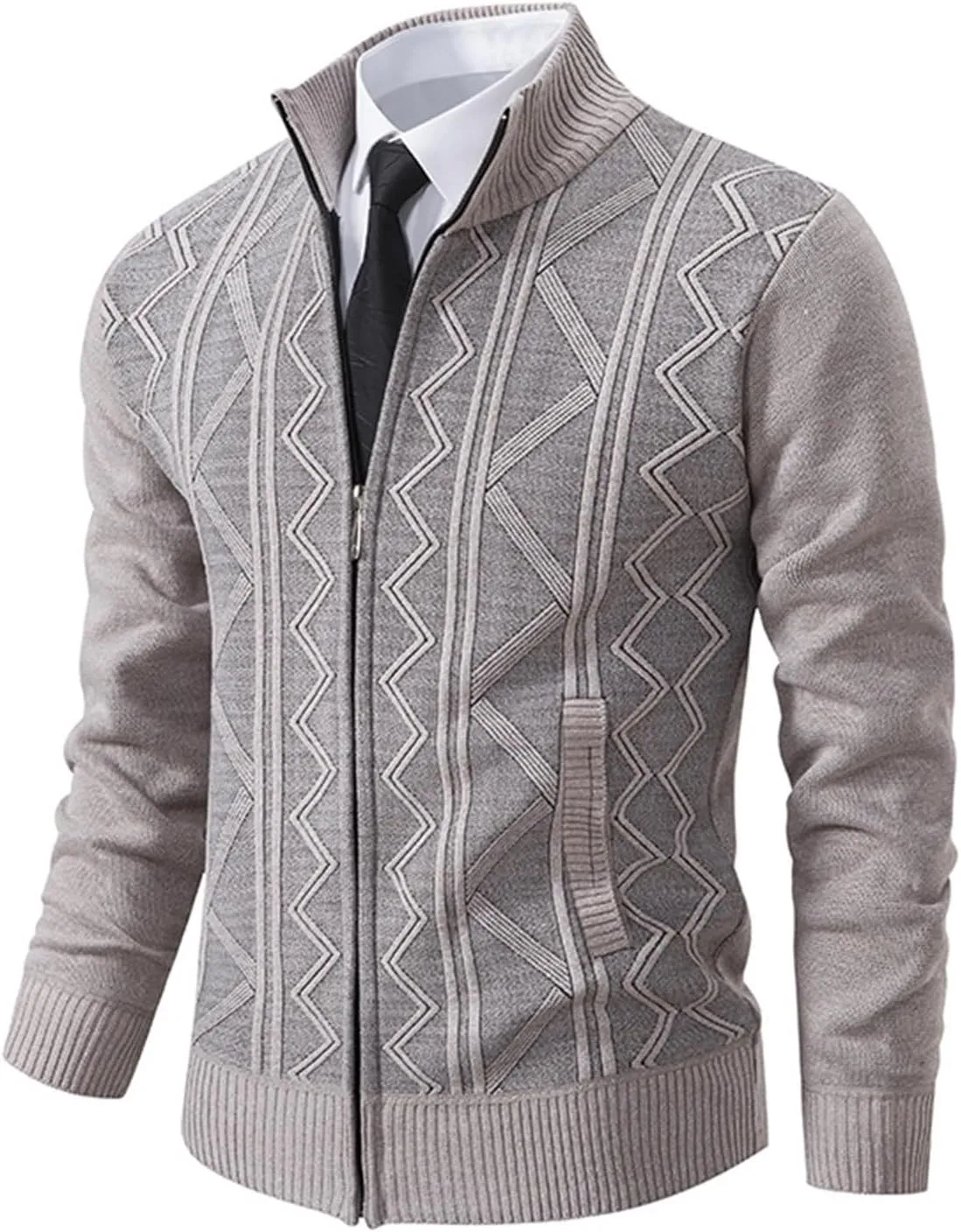 Mens Decent Full Zip Stand Collar Cardigans Business Casual Button Down Cable Knitted Sweater Blazers