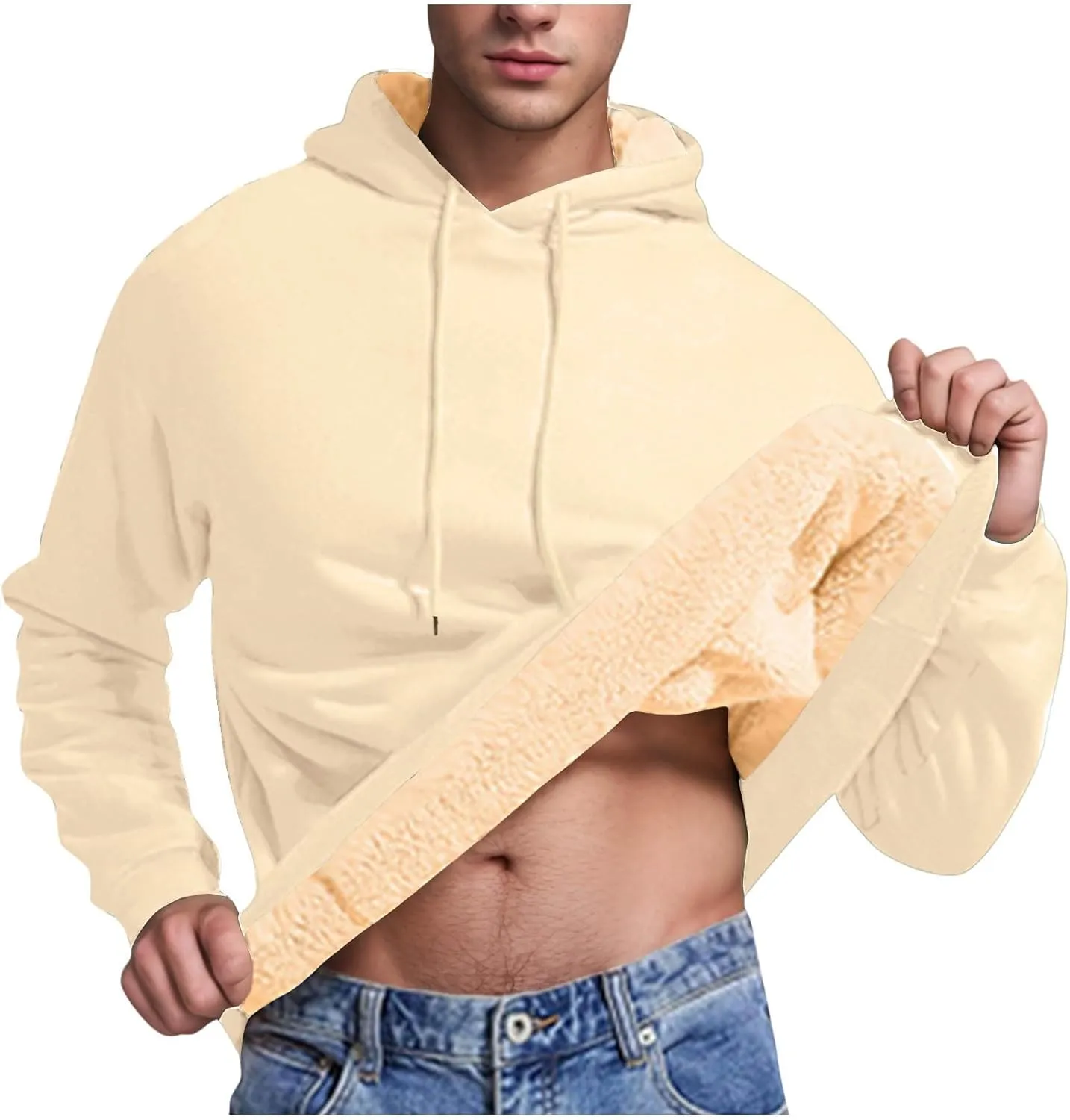 Mens Fleece Hoodie Casual Sherpa Pullover Drawstring Thick Warm Heavy Weight Hooded Sweatshirt Winter Clothes