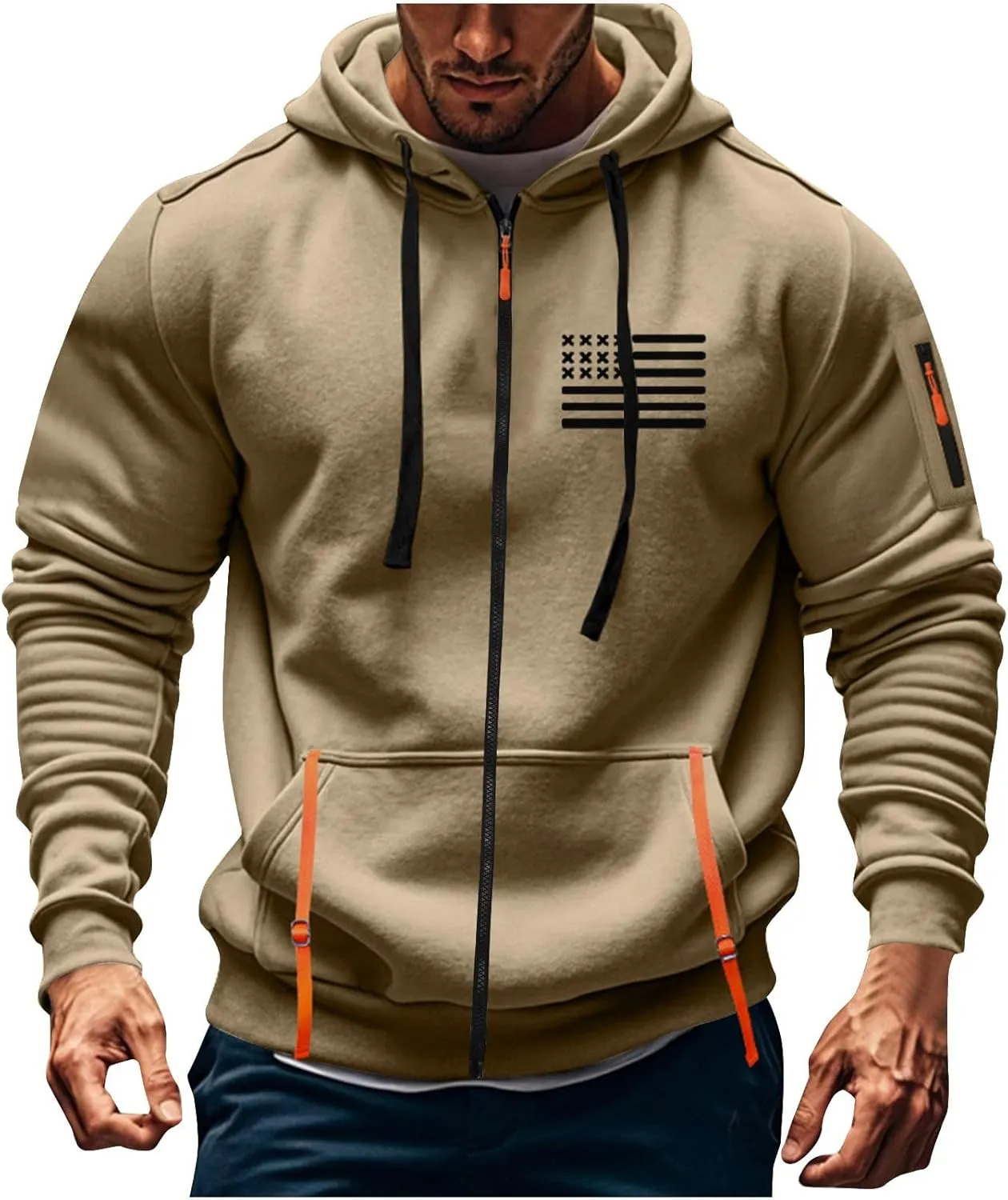 Mens Full Zip American Flag Print Hoodie Army Long Sleeve Drawstring Shirt Soft Patriotic Sweatshirt with Pockets