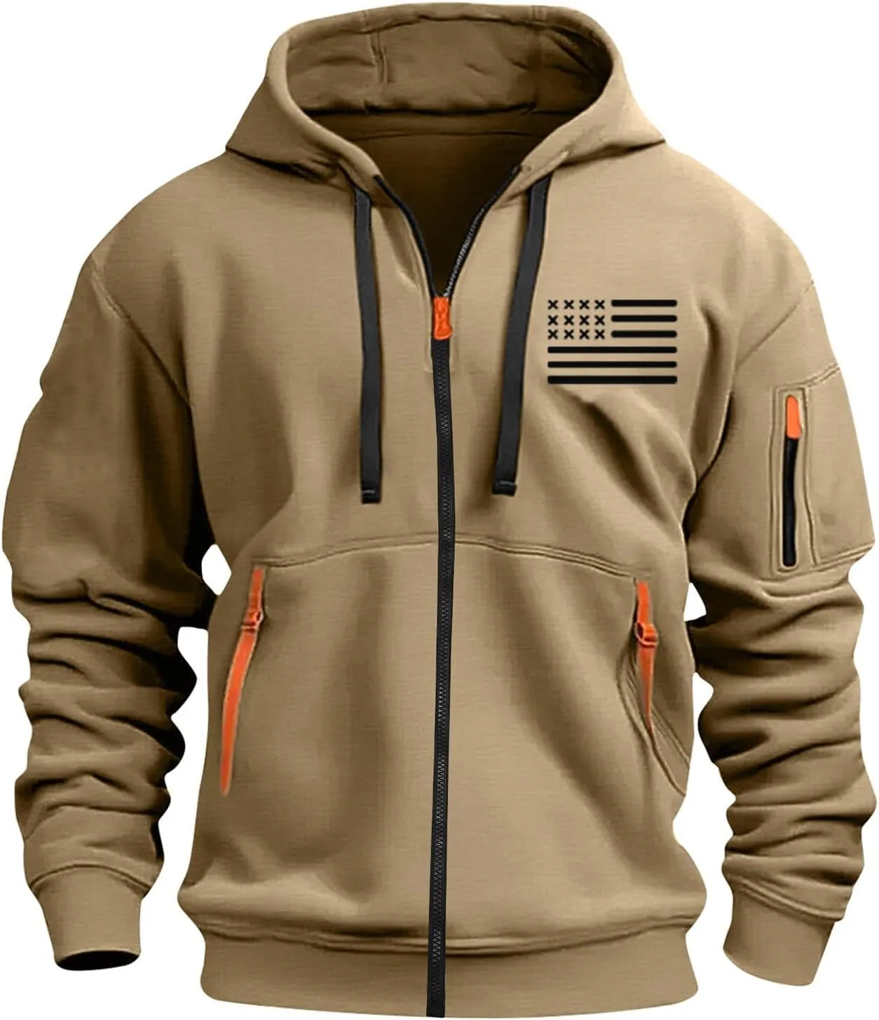 Mens Full Zip American Flag Print Hoodie Army Long Sleeve Drawstring Shirt Soft Patriotic Sweatshirt with Pockets