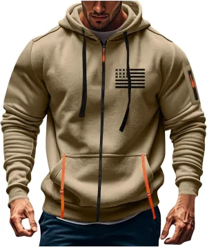 Mens Full Zip American Flag Print Hoodie Army Long Sleeve Drawstring Shirt Soft Patriotic Sweatshirt with Pockets