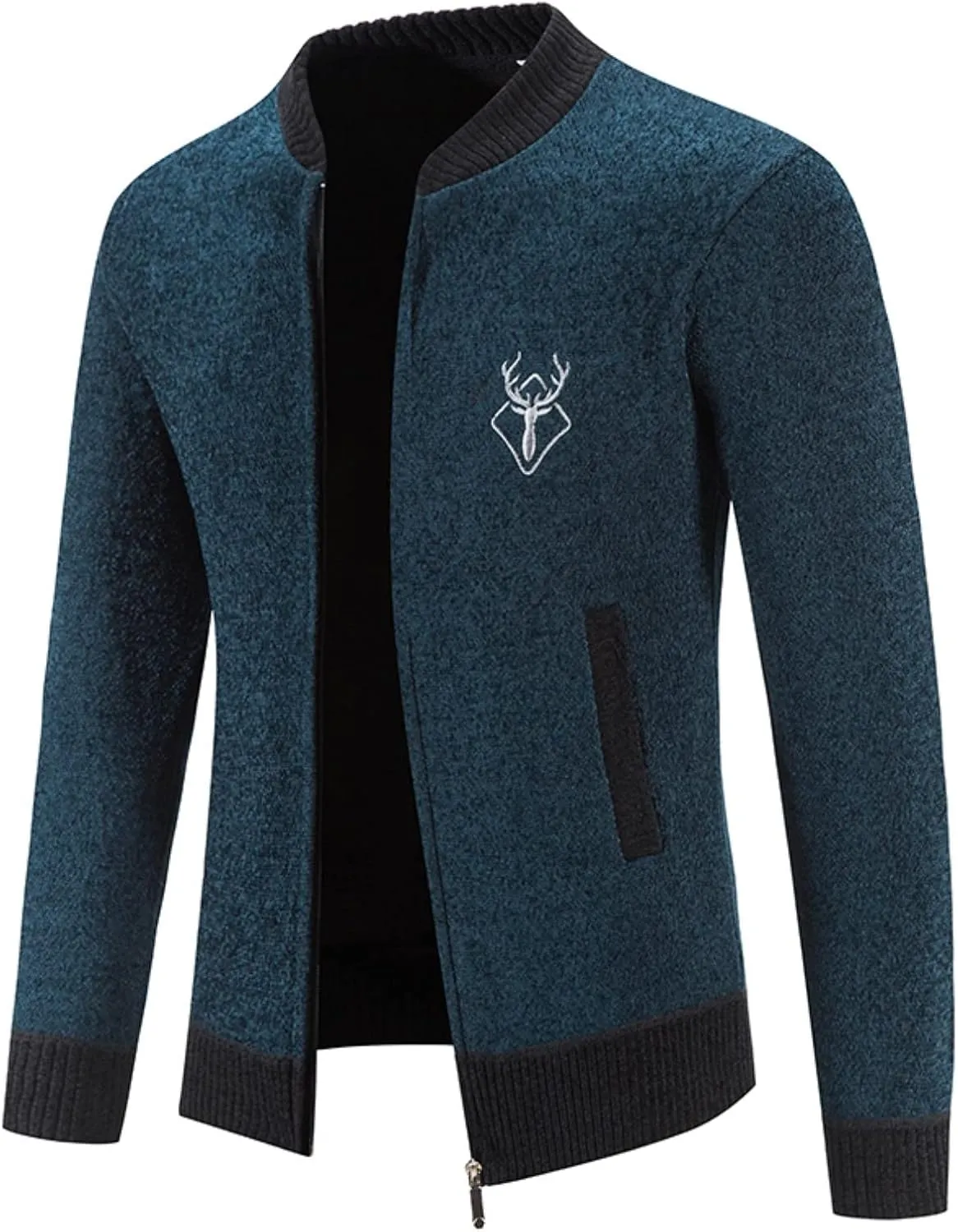Mens Full Zip Cardigan Sweater Stand Collar Long Sleeve Pullover Graphic Knitwear Knitted Tops Jacket with Pockets