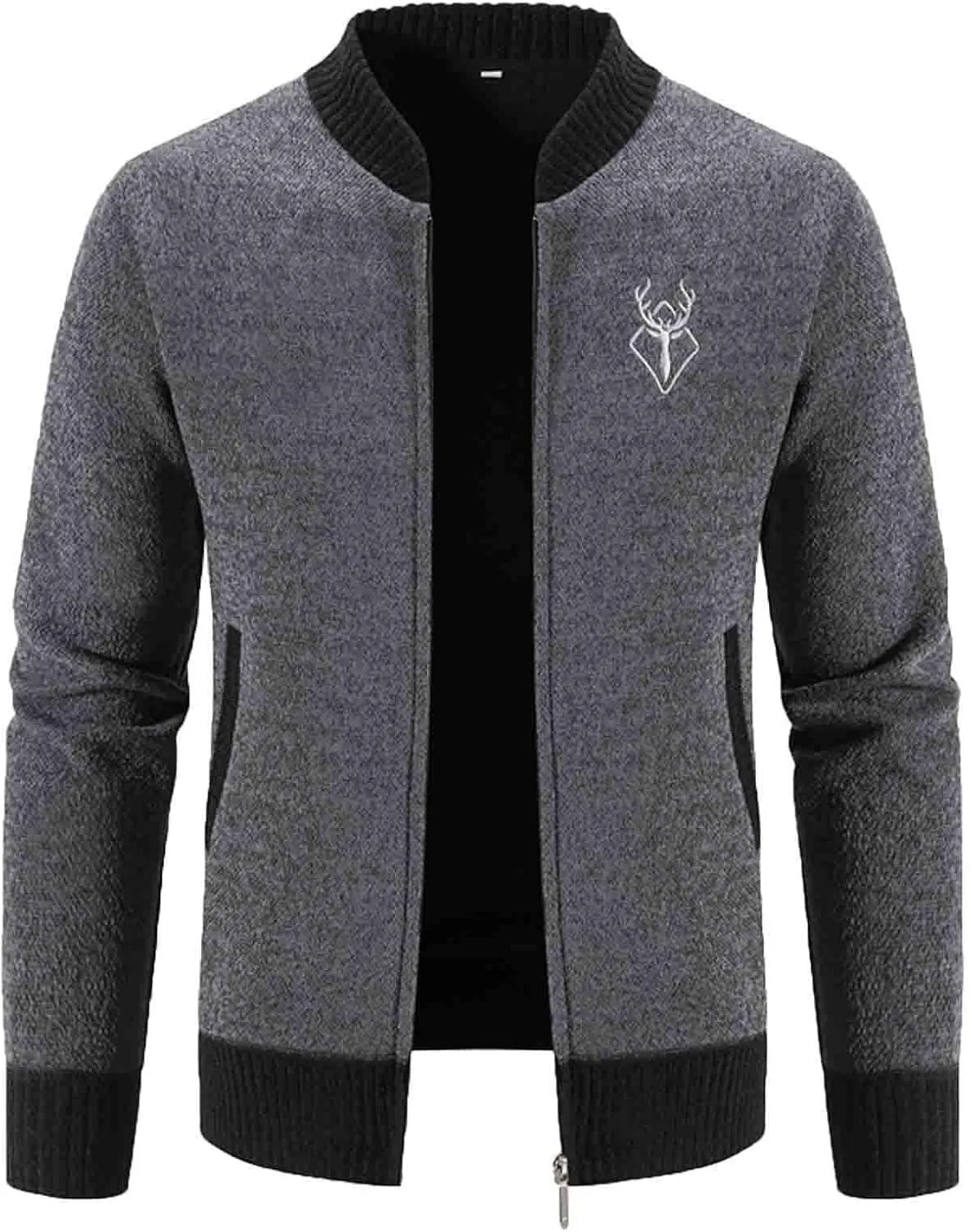Mens Full Zip Cardigan Sweater Stand Collar Long Sleeve Pullover Graphic Knitwear Knitted Tops Jacket with Pockets