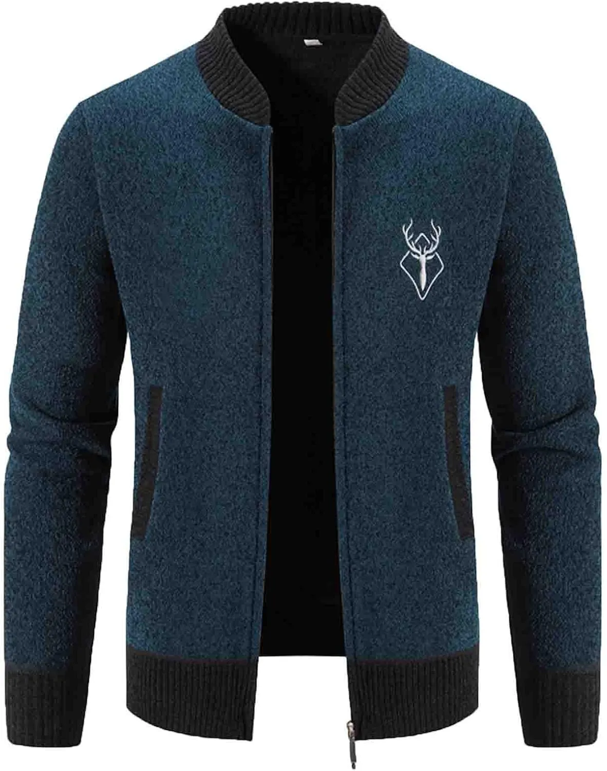 Mens Full Zip Cardigan Sweater Stand Collar Long Sleeve Pullover Graphic Knitwear Knitted Tops Jacket with Pockets