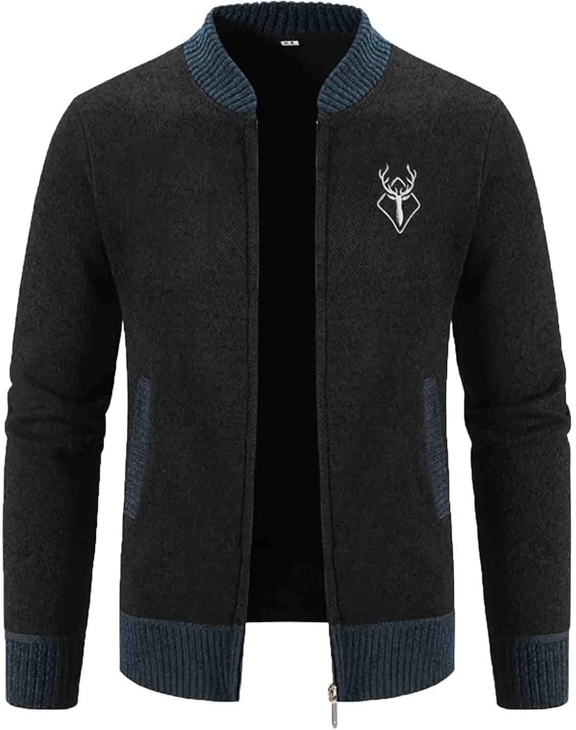 Mens Full Zip Cardigan Sweater Stand Collar Long Sleeve Pullover Graphic Knitwear Knitted Tops Jacket with Pockets