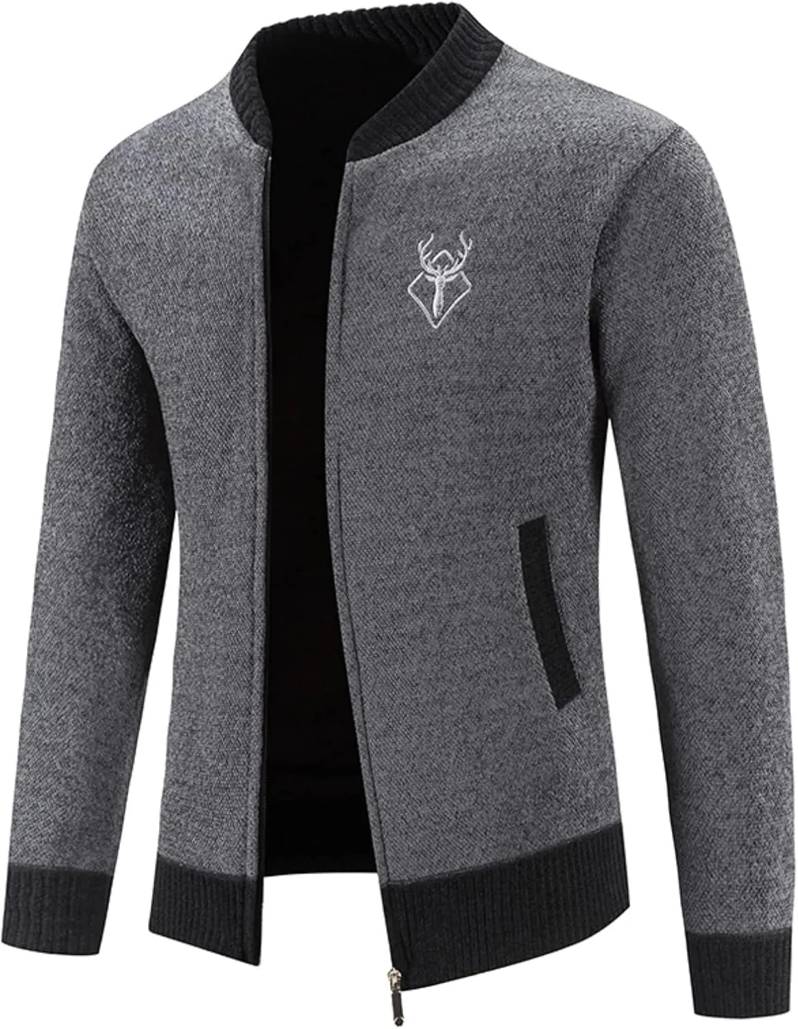 Mens Full Zip Cardigan Sweater Stand Collar Long Sleeve Pullover Graphic Knitwear Knitted Tops Jacket with Pockets