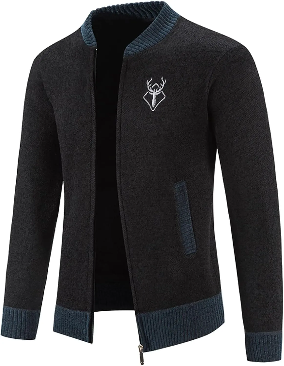 Mens Full Zip Cardigan Sweater Stand Collar Long Sleeve Pullover Graphic Knitwear Knitted Tops Jacket with Pockets