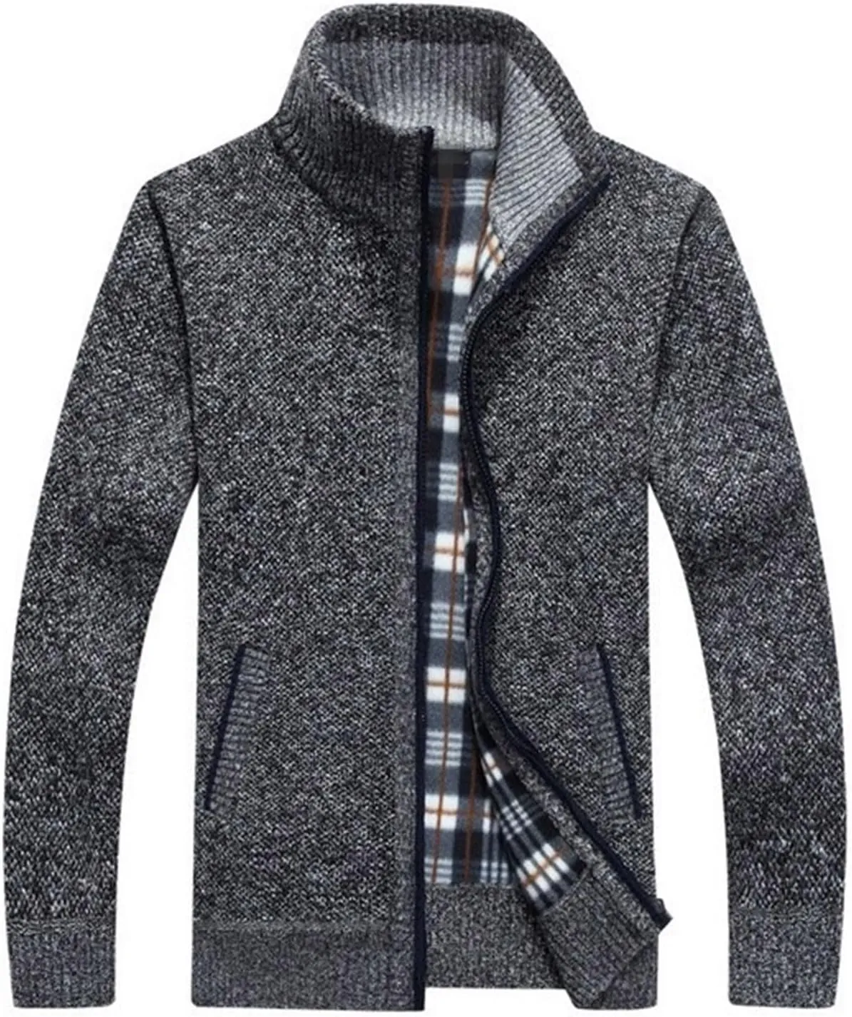 Mens Full Zip Cardigan Sweater Stand Collar Long Sleeve Pullover Ribbed Knitted Casual Tops Jacket with Pockets