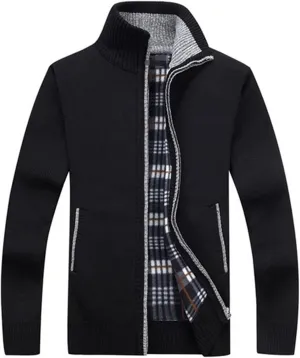 Mens Full Zip Cardigan Sweater Stand Collar Long Sleeve Pullover Ribbed Knitted Casual Tops Jacket with Pockets