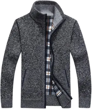 Mens Full Zip Cardigan Sweater Stand Collar Long Sleeve Pullover Ribbed Knitted Casual Tops Jacket with Pockets