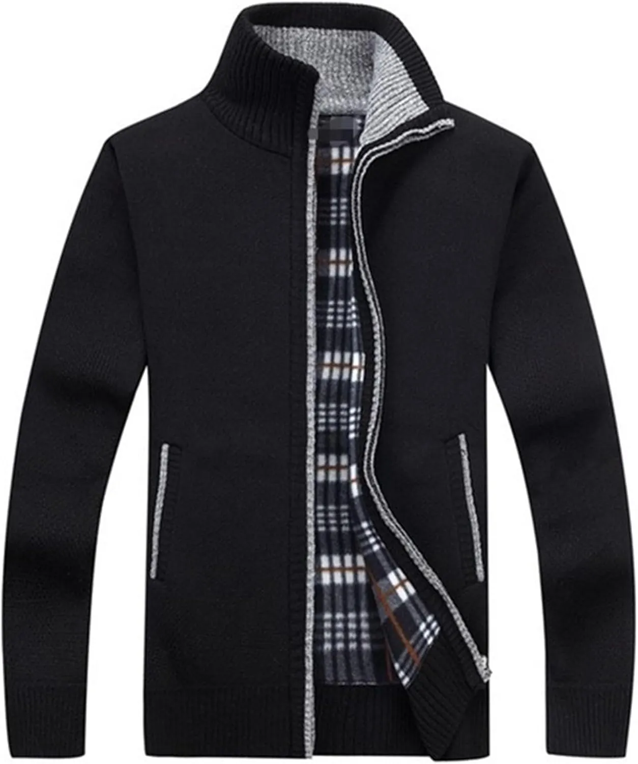 Mens Full Zip Cardigan Sweater Stand Collar Long Sleeve Pullover Ribbed Knitted Casual Tops Jacket with Pockets