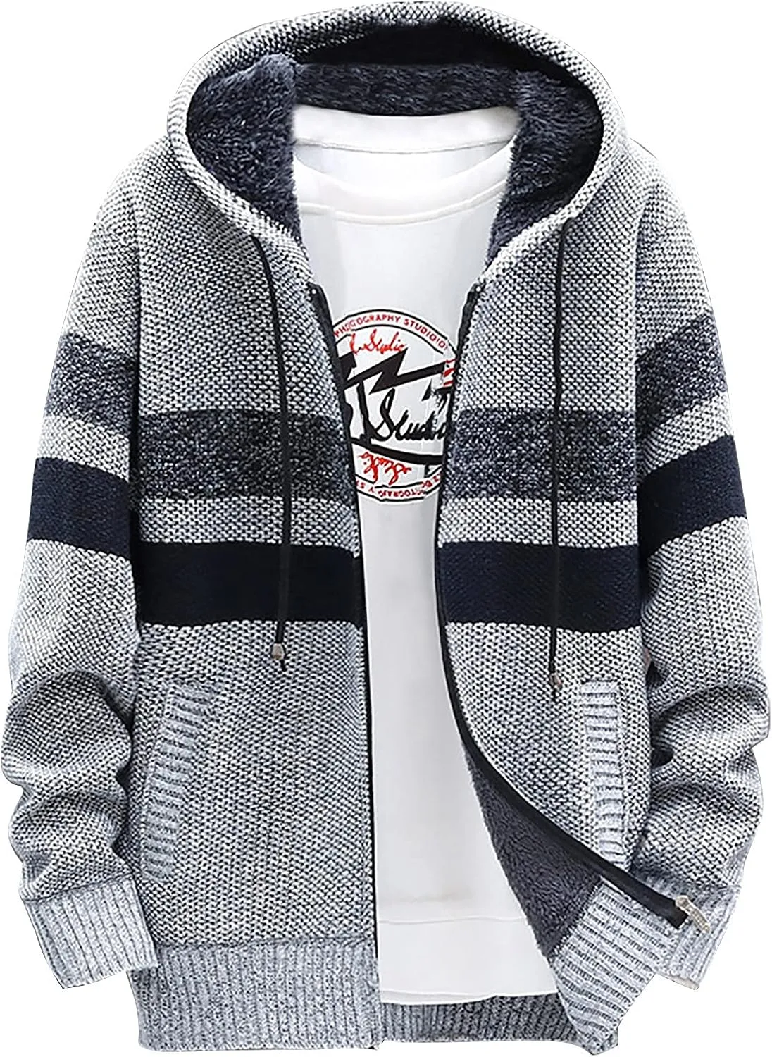 Men's Full-Zip Fleece Knitted Regular Fit Full Zip Cardigan Sweater with Soft Brushed Flannel Lining