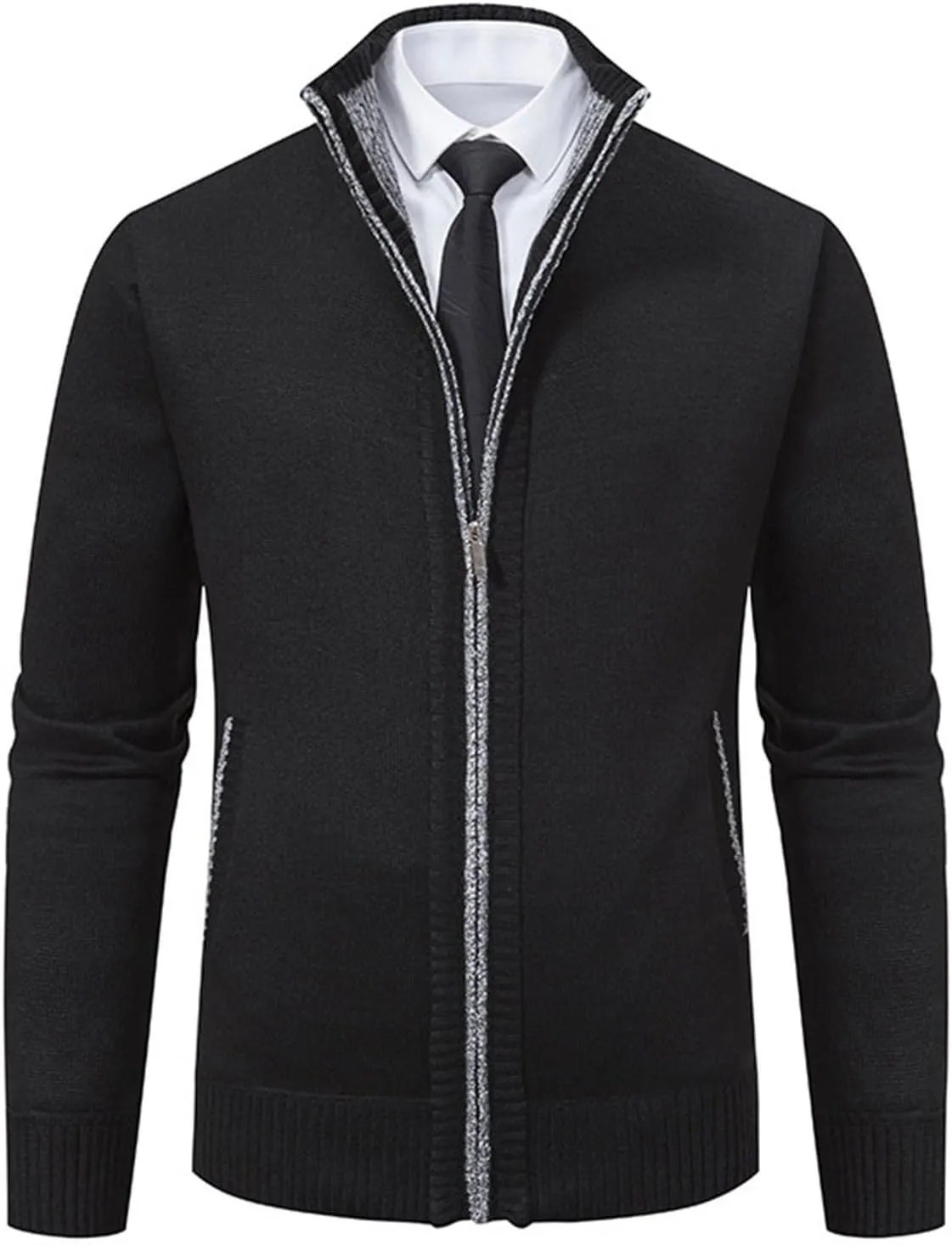 Mens Full Zipper Cardigan Sweater Stand Collar Thick Weave Pullover Thermal Knitted Tops Long Sleeve with Pockets