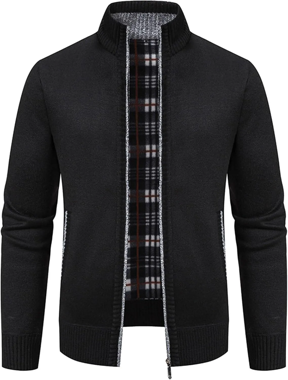 Mens Full Zipper Cardigan Sweater Stand Collar Thick Weave Pullover Thermal Knitted Tops Long Sleeve with Pockets