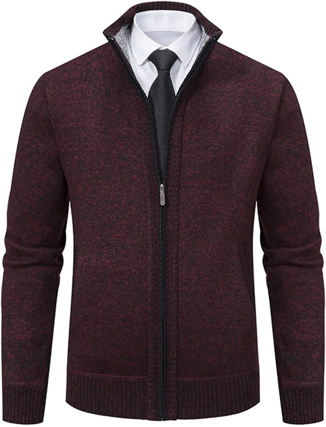 Mens Full Zipper Cardigan Sweater Stand Collar Thick Weave Pullover Thermal Knitted Tops Long Sleeve with Pockets