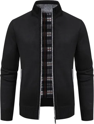 Mens Full Zipper Cardigan Sweater Stand Collar Thick Weave Pullover Thermal Knitted Tops Long Sleeve with Pockets