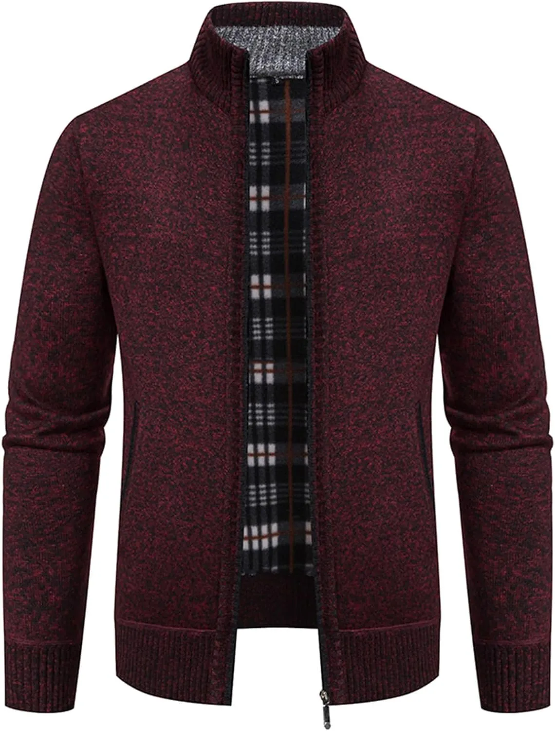 Mens Full Zipper Cardigan Sweater Stand Collar Thick Weave Pullover Thermal Knitted Tops Long Sleeve with Pockets