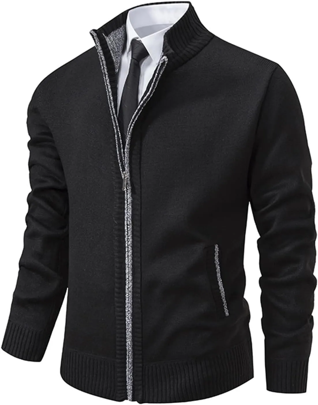 Mens Full Zipper Cardigan Sweater Stand Collar Thick Weave Pullover Thermal Knitted Tops Long Sleeve with Pockets