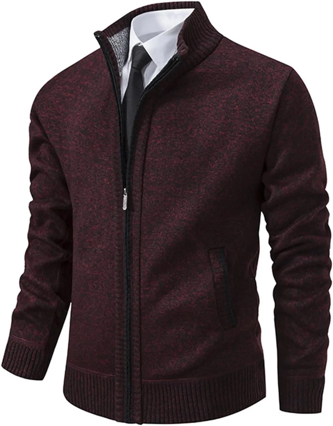 Mens Full Zipper Cardigan Sweater Stand Collar Thick Weave Pullover Thermal Knitted Tops Long Sleeve with Pockets