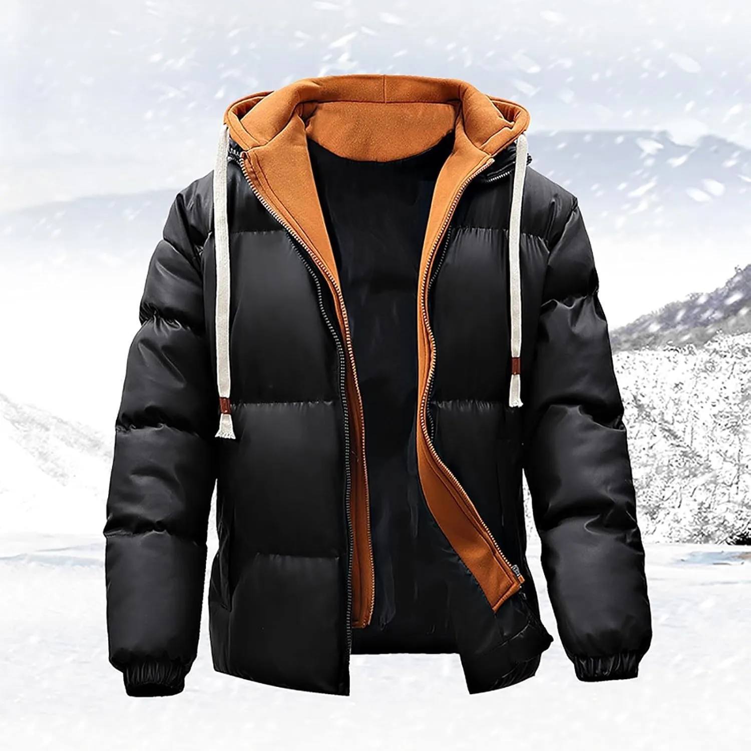 Men's Hooded Puffer Jacket Winter Warm Color Block Down Coat with Hood