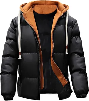 Men's Hooded Puffer Jacket Winter Warm Color Block Down Coat with Hood