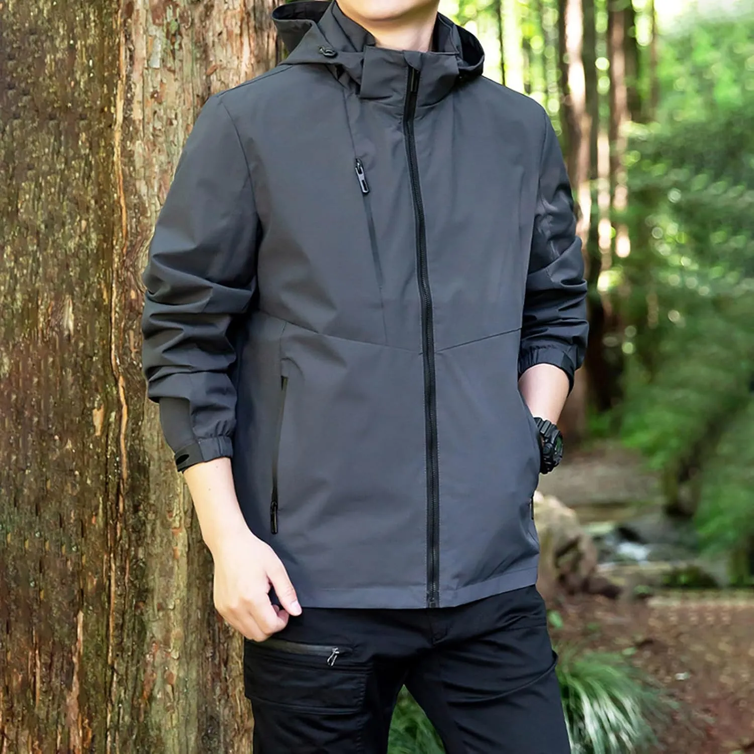 Mens Hooded Waterproof Rain Jackets Full Zip Lightweight Plus Size Raincoats Hiking Outdoor Outerwear with Pocket