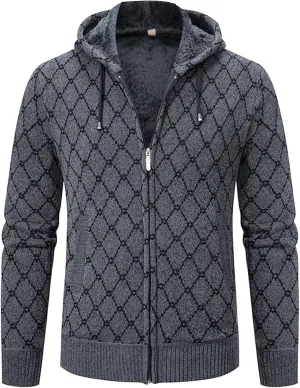 Mens Hoodies Knit Sweater, Full Zip Fleece Lined Cardigan Sweaters Casual Solid Regular Fit Thick Hooded with Pockets