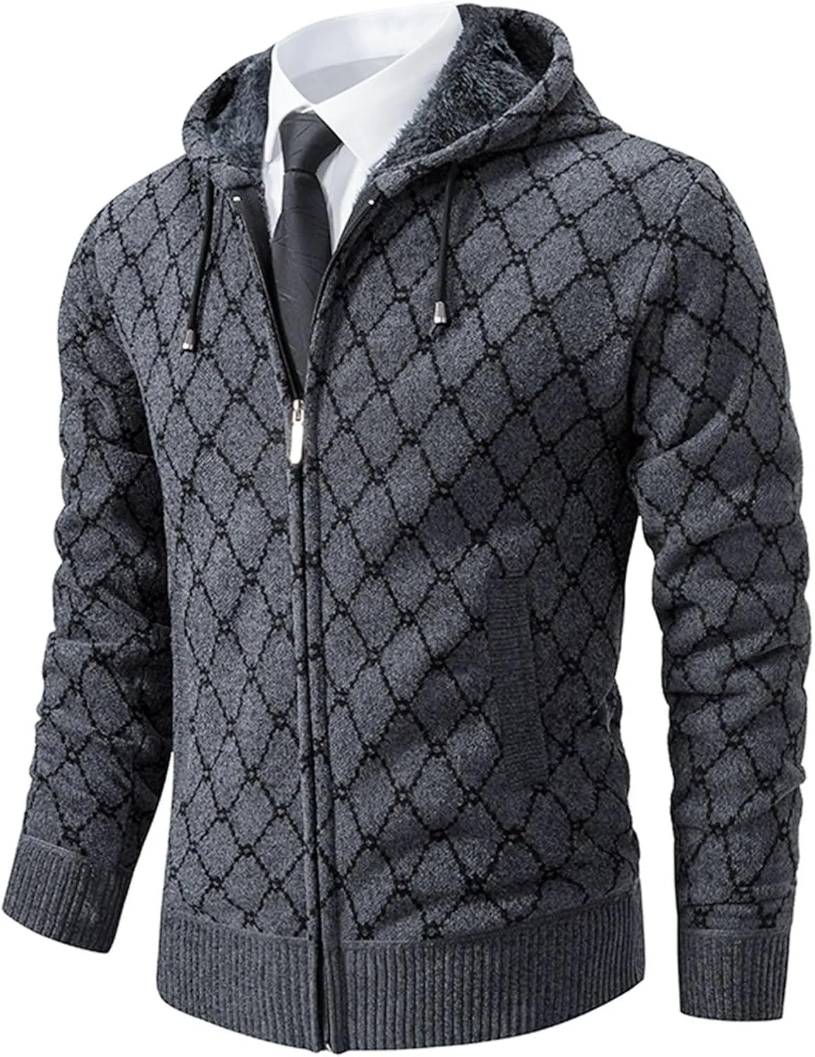 Mens Hoodies Knit Sweater, Full Zip Fleece Lined Cardigan Sweaters Casual Solid Regular Fit Thick Hooded with Pockets