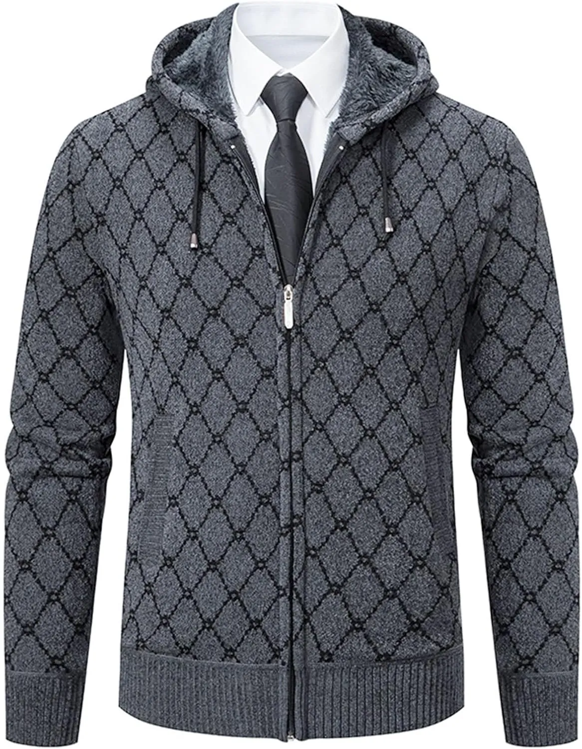 Mens Hoodies Knit Sweater, Full Zip Fleece Lined Cardigan Sweaters Casual Solid Regular Fit Thick Hooded with Pockets